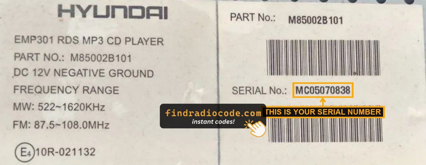 Hyundai EMP3 radio label showing the MP0 serial number